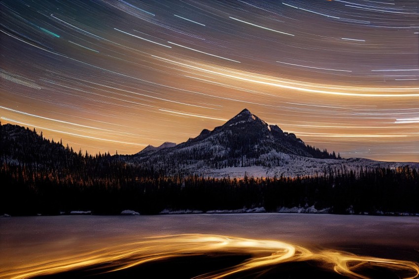 Stunning Night Scene with Star Trails over Mountains and Lake - Whistlerian Art