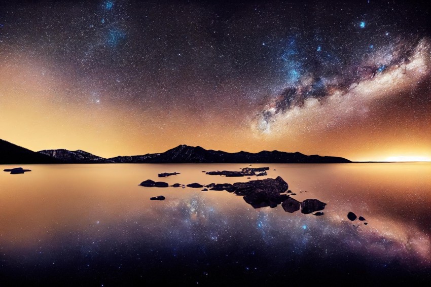Milky Way Over Serene Lake: Grandiose Landscapes and Harmony