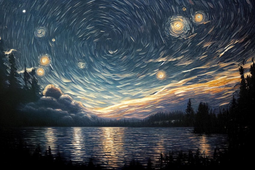 Stars and Constellations Painting on Lake - Illusory Hyperrealism