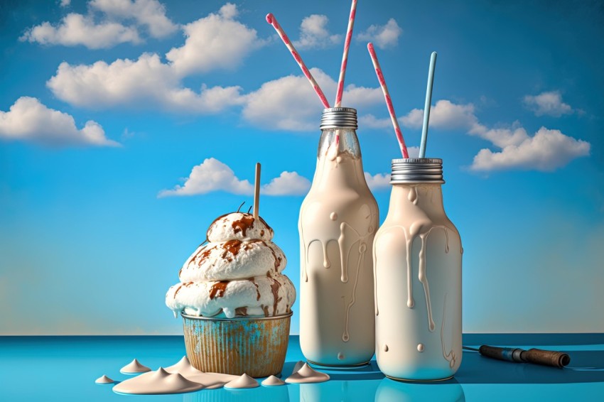Hyperrealistic Milk and Ice Cream in Sky-Blue and Beige