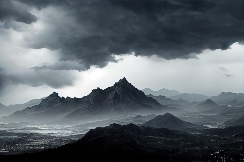 Dark Mountain Landscape with Storm Clouds | Monochromatic Cityscape