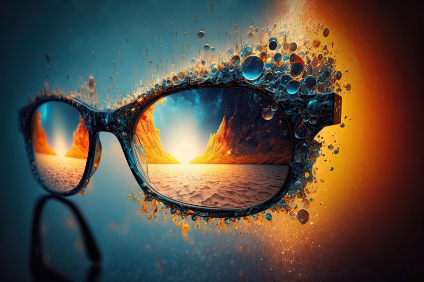 Surrealistic Fantasy Landscapes with Sunglasses in Ocean, Sun, and Mountains Shape