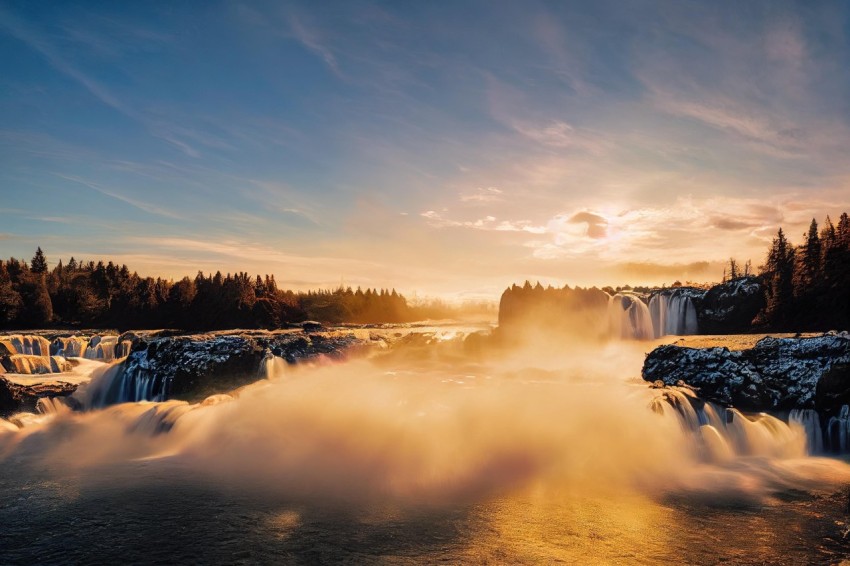 Majestic Waterfall at Sunrise: Captivating Dreamlike Landscapes