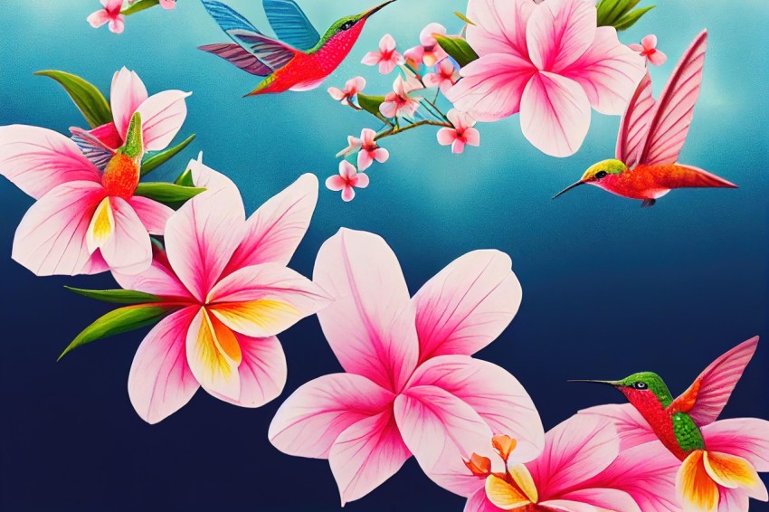 Pink Hibiscus Flowers on Blue Background: Unique and Hypercolorful Decorative Painting