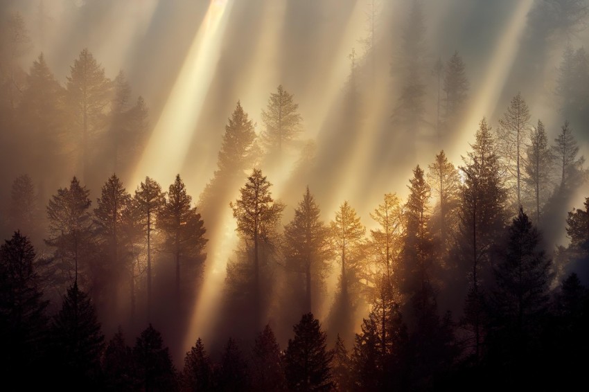 Enchanting Forest: Rays of Sunlight Pierce Through Tall Trees