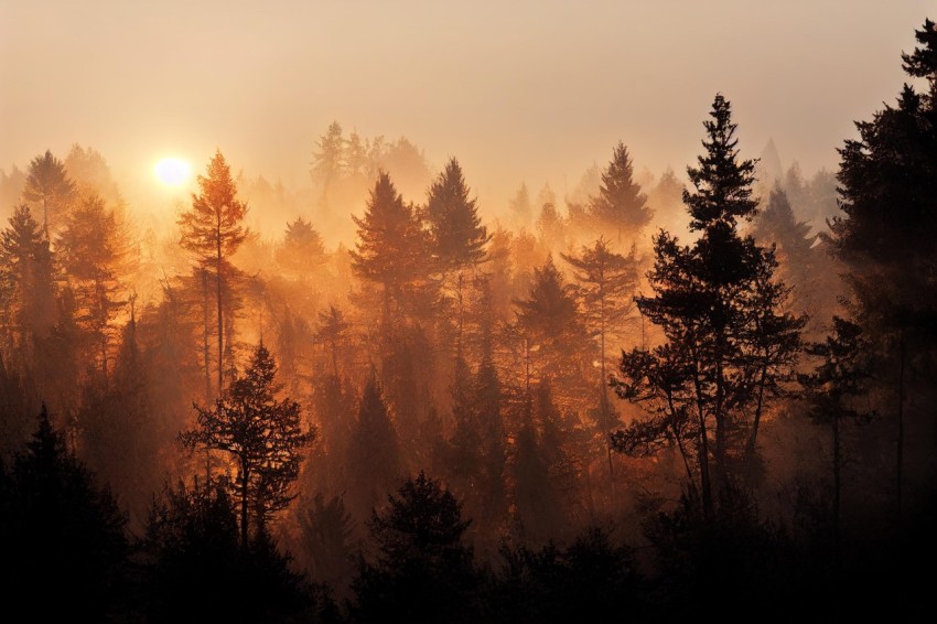 Misty Forest Sunrise over Pine Trees - Traditional British Landscapes