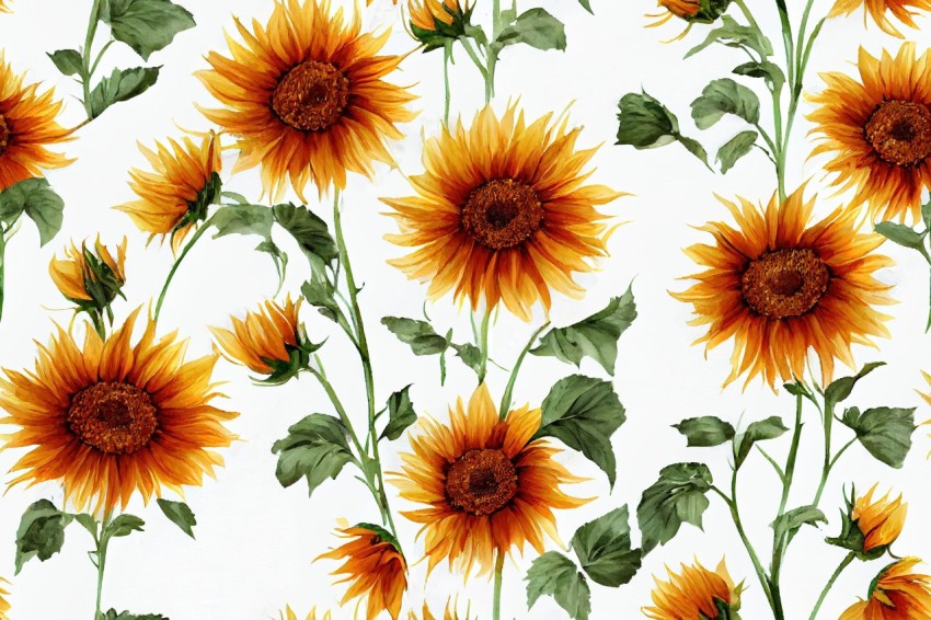 Sunflower Pattern with Leaves | Modern European Ink Painting