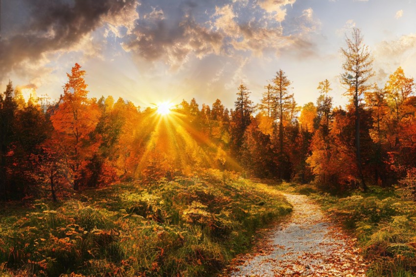 Vibrant Forest Path with Golden Sunlight and Red Trees