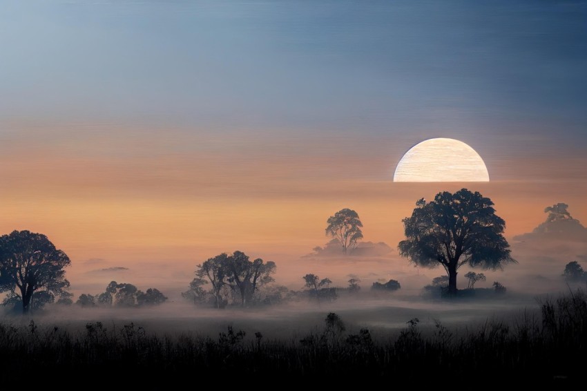 Serene Sunrise in Misty Field with Trees - Romantic and Dreamlike Landscape