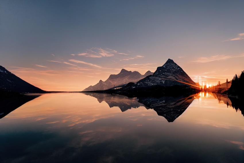 Mountains Reflecting at Sunset in Water - Serene Landscape
