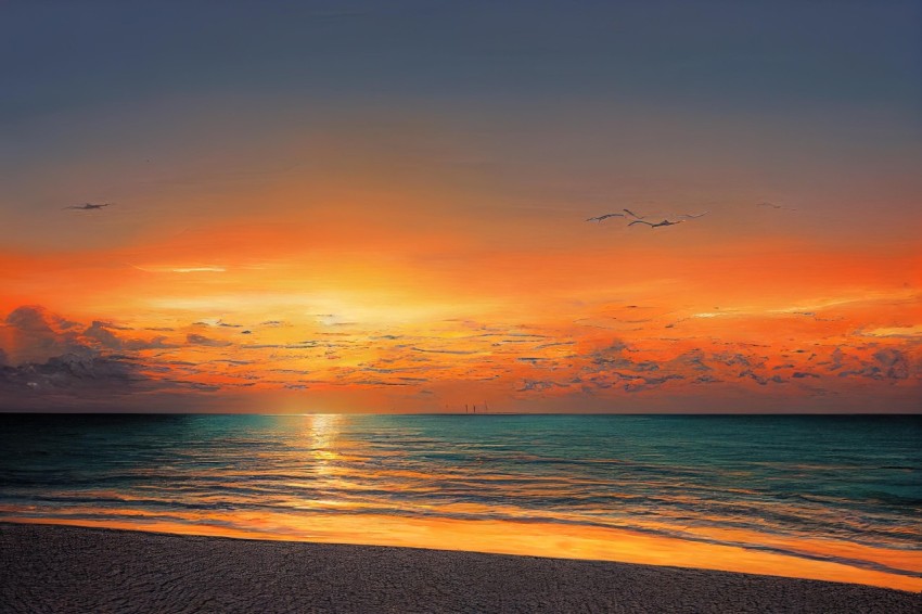 Serene Beach Scene near Sunset | Orange Sky | Exotic Fantasy Landscape