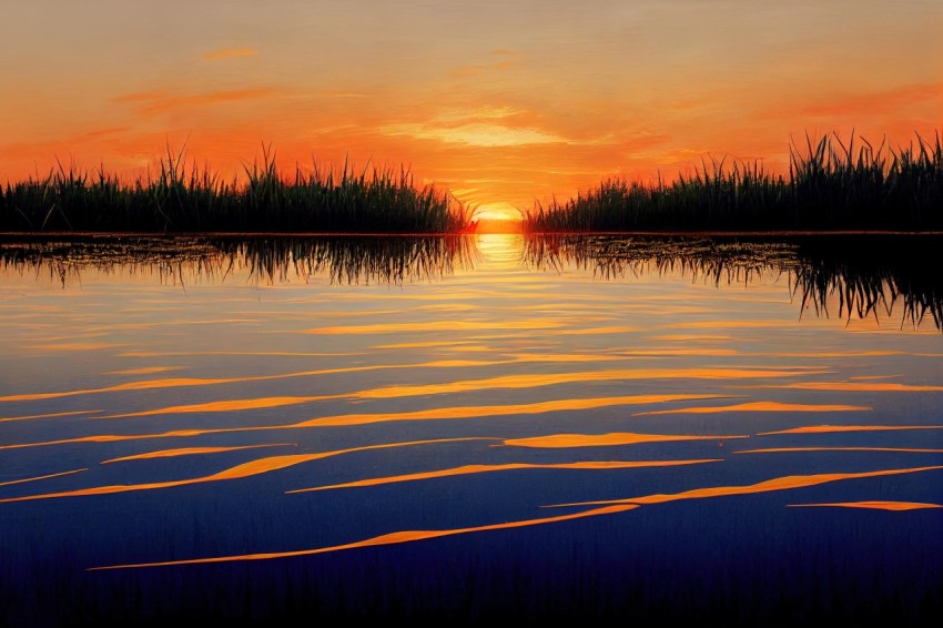 Serene Sunrise over a Large Lake - Realistic Landscape Painting
