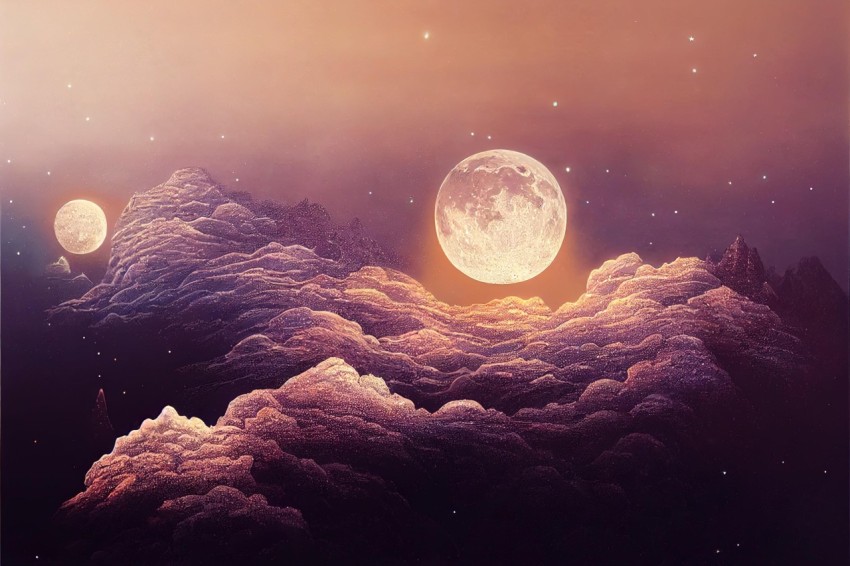 Moon Rising from Clouds - Psychedelic Illustration