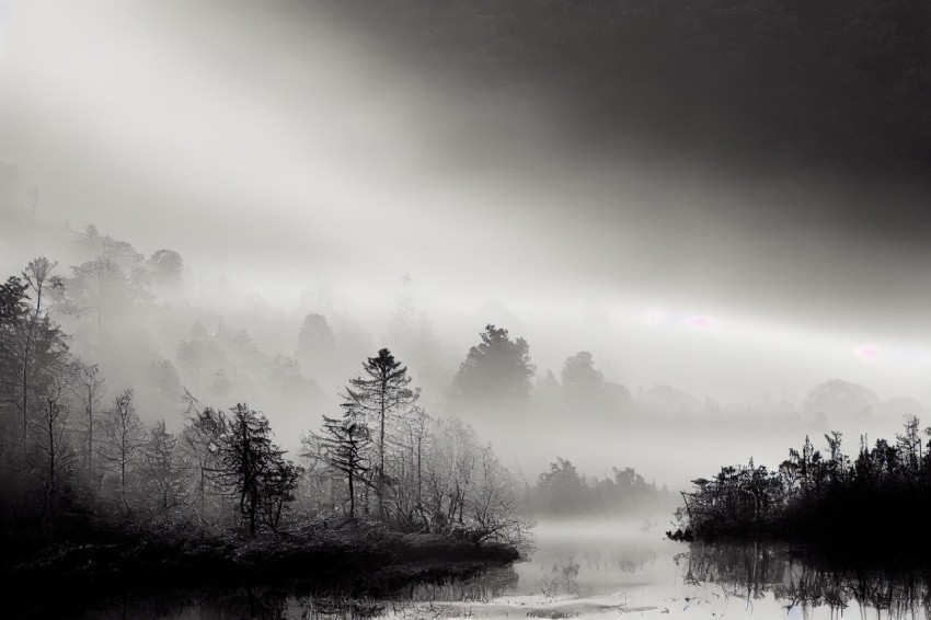 Mystical Foggy Lake in Scottish Landscape Style