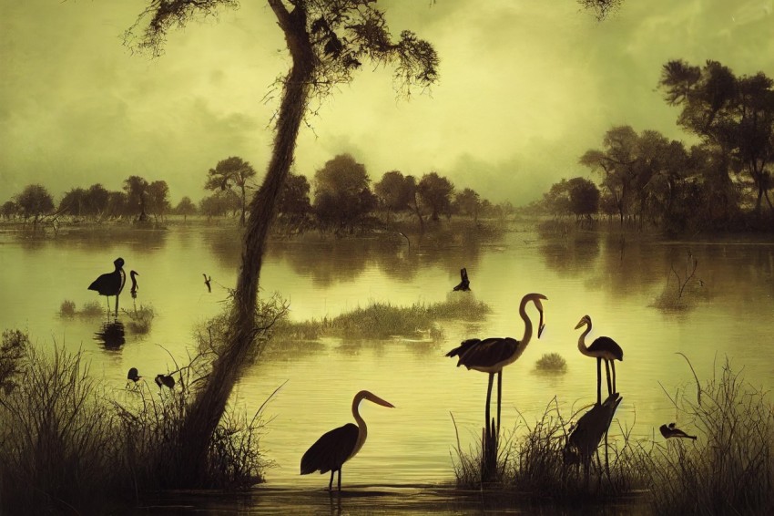 Realistic Chiaroscuro Scene with Birds in Water and Trees | Exotic Landscapes