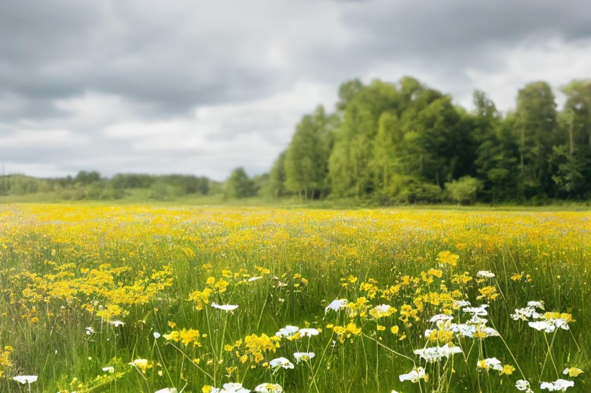 Serene Nature Scene: Green Field, White Daisies, Yellow Flowers, Trees