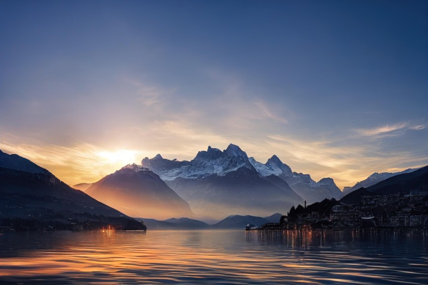Serene Sunset over Mountains and Lake | Swiss Style