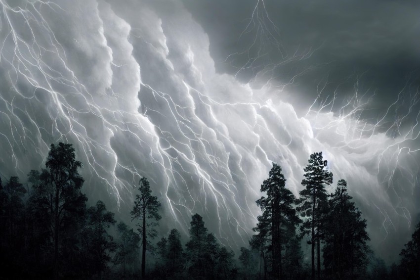 Dark Storm with Lightning above Trees - Hyper-Realistic Nature Illustration