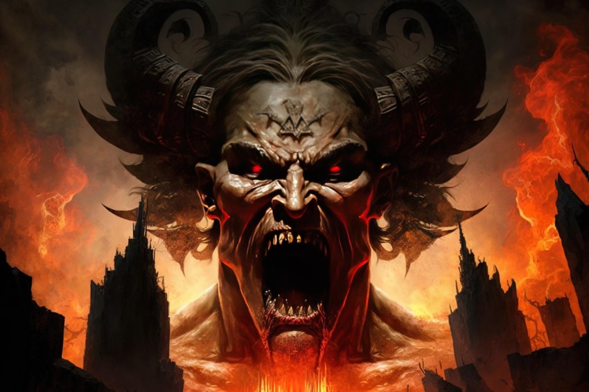 Demon with Horns in Flames - Bold Graphic Illustration