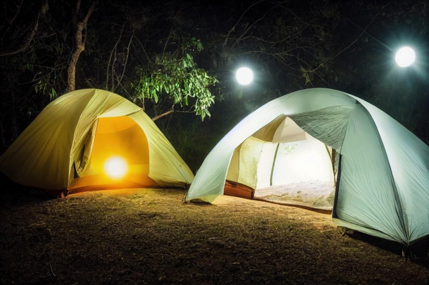 Luminous Sfumato: Two Tents with Flashlights in a Dreamlike Nature Setting