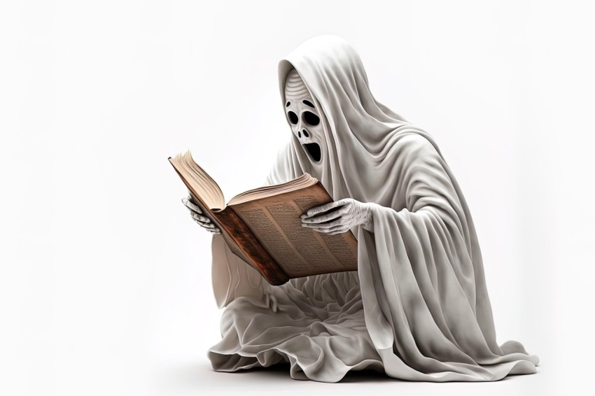 Ghostly Presence: Grim Reaper Statue Reading a Book on White
