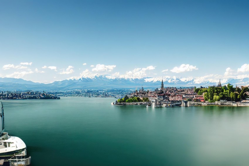 City on the Lake with Mountains: A Panoramic View in Swiss Style