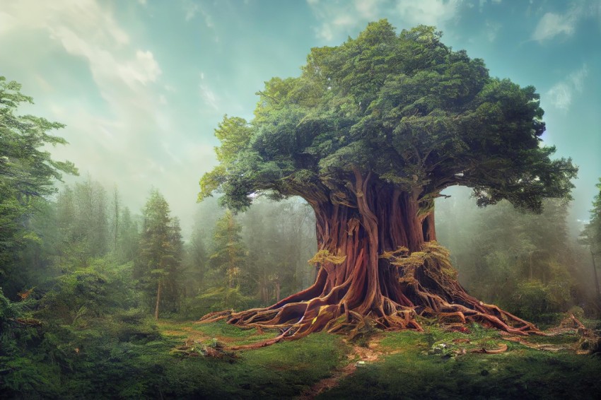 Majestic Tree in Lush Forest | Vibrant Fantasy Landscape