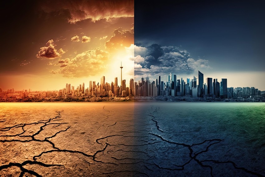 Climate Change Concept: Cityscapes in Fusion of East and West