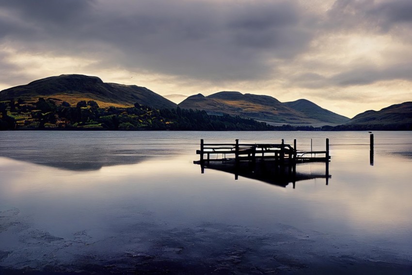 Serene Lake with Dock under Cloudy Sky | Scottish Landscapes