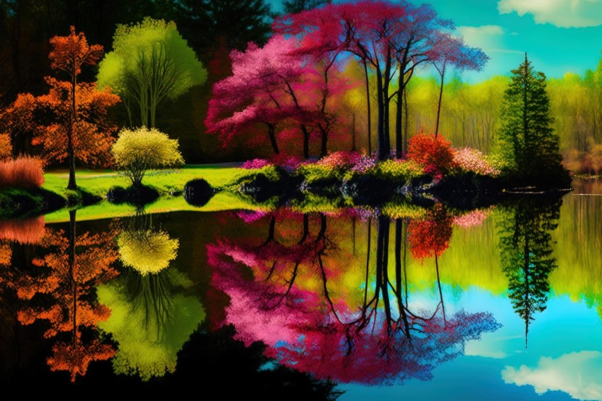 Colorful Tree Reflection in Water: Arcadian Landscapes