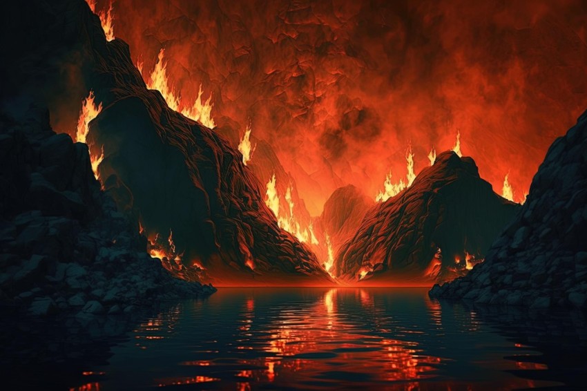 Captivating Dark Cave with Red Flames and Majestic Mountains