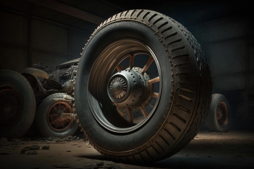 Hyperrealistic Fantasy: Abandoned Garage with Tire and Metal Wheels