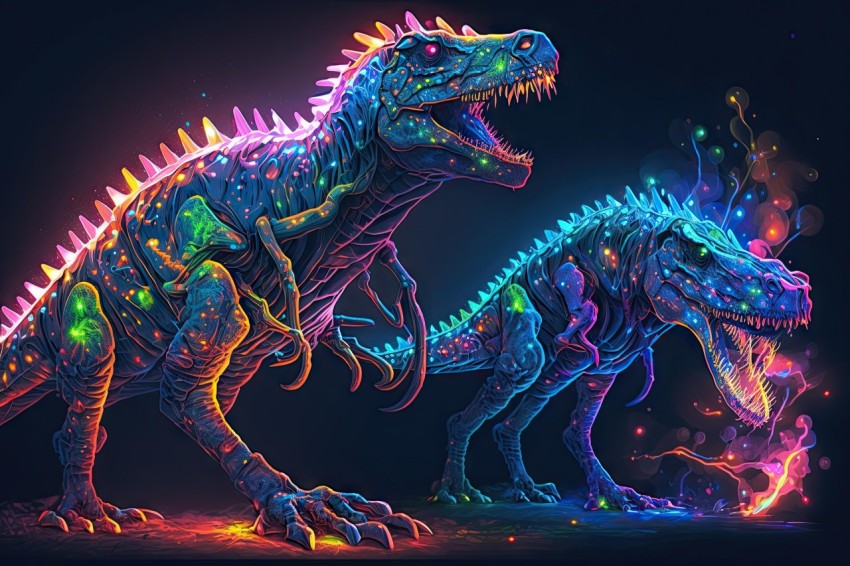 Detailed Neon Dinosaurs with Flames: Artistic Acidwave Aesthetic