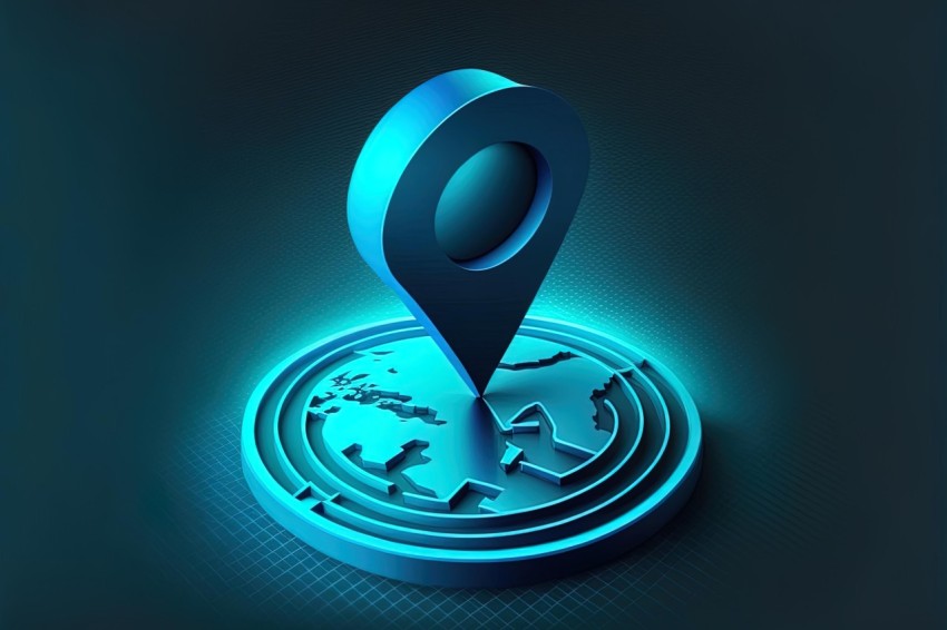 Blue Light 3D Location Map Pin on Black Background