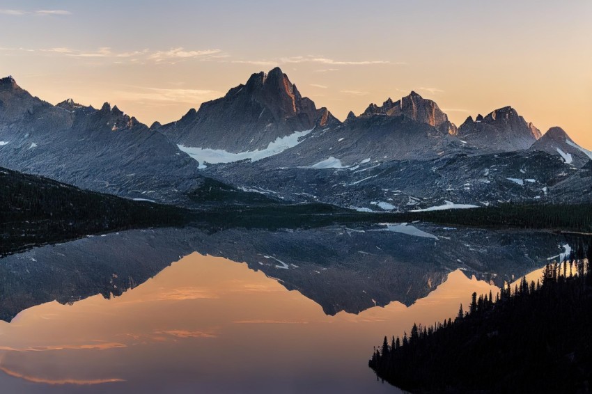 Sunrise Mountain Range with Reflecting Lake - Whimsical Wilderness