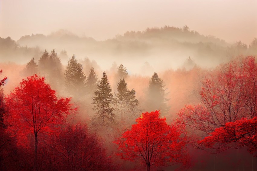 Intricate Red Trees in the Fog: Serene Scottish Landscapes