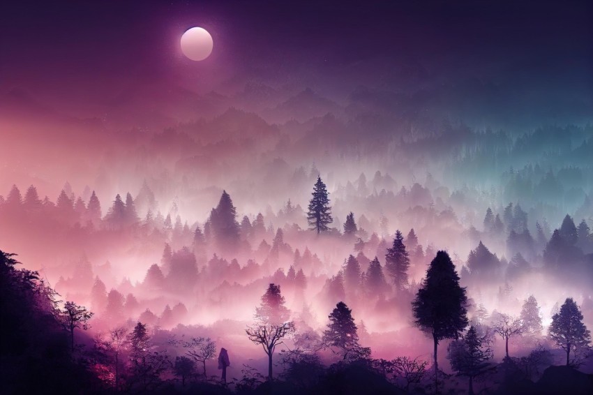 Colorful Night Scene of Purple Trees in the Mist