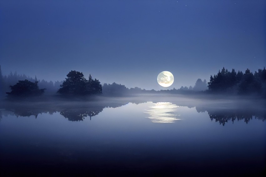 Moon Reflection in Misty Lake: Romanticized Landscape