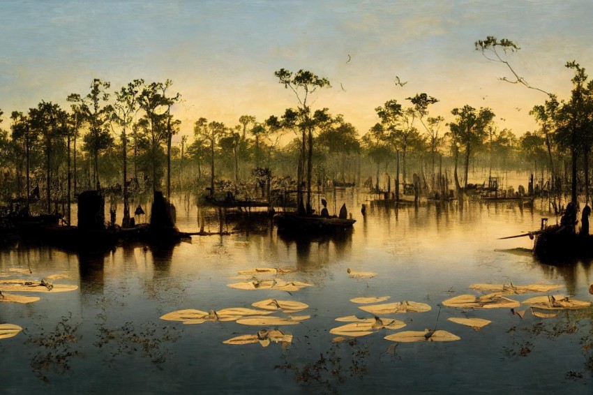 Swamp Painting with Ducks and Lilies - Revived Historic Art