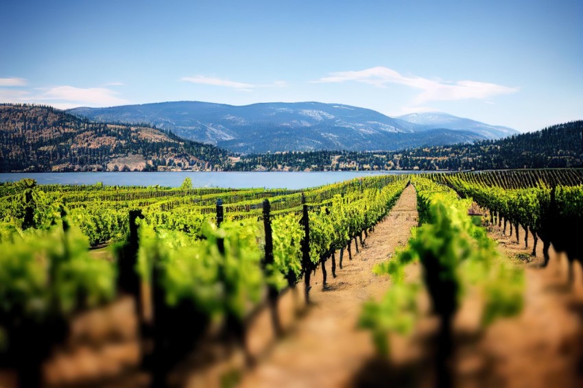 Serene Vineyard Landscape with Mountain River and Lake