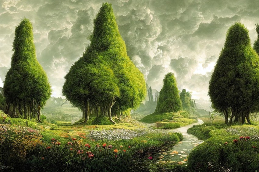 Green Landscape with Trees and Water | Colorful Fantasy Realism