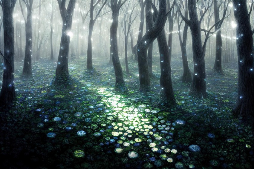Forest with Leaves and Blue Lilies - Realistic Depiction of Light