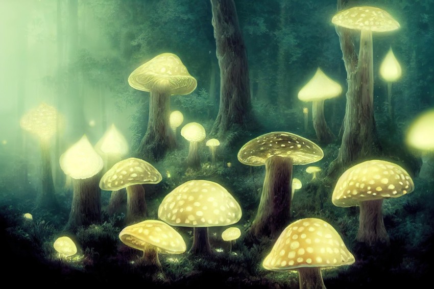 Mushrooms and Glowing Light in the Forest - Anime-Influenced Illustration