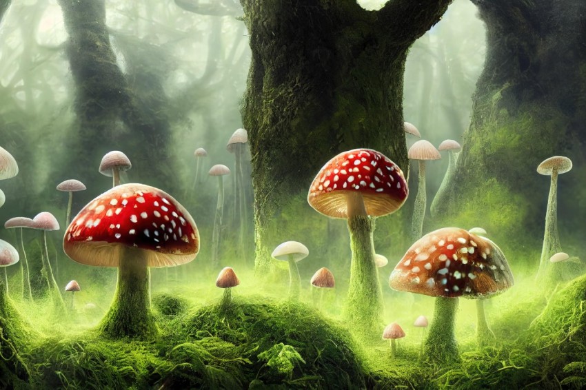 Fantasy Forest with Mushrooms - Dreamlike Artwork