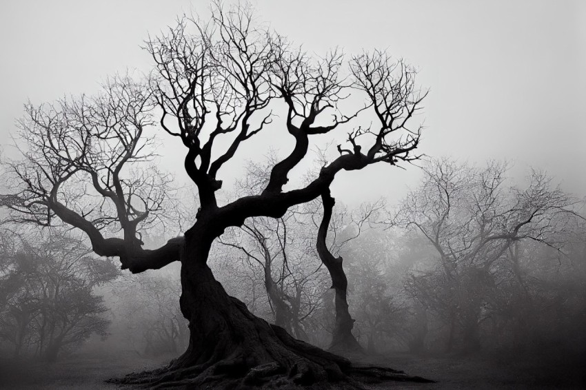 Black and White Tree in Fog - Macabre and Atmospheric Photo