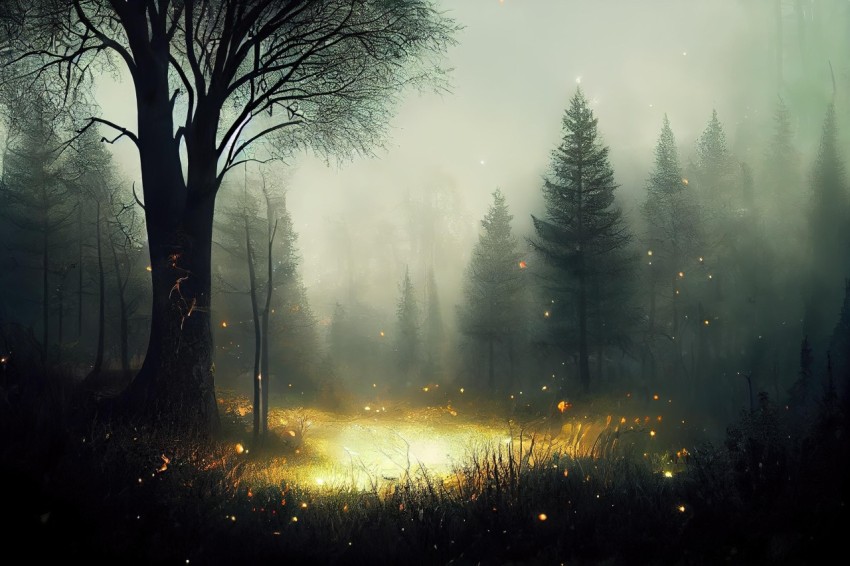 Glowing Trees in a Dark Fantasy Forest - Romantic and Realistic Illustration