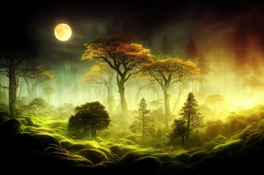 Night Forest with Green Trees and Moon - Realistic and Fantasy Landscape