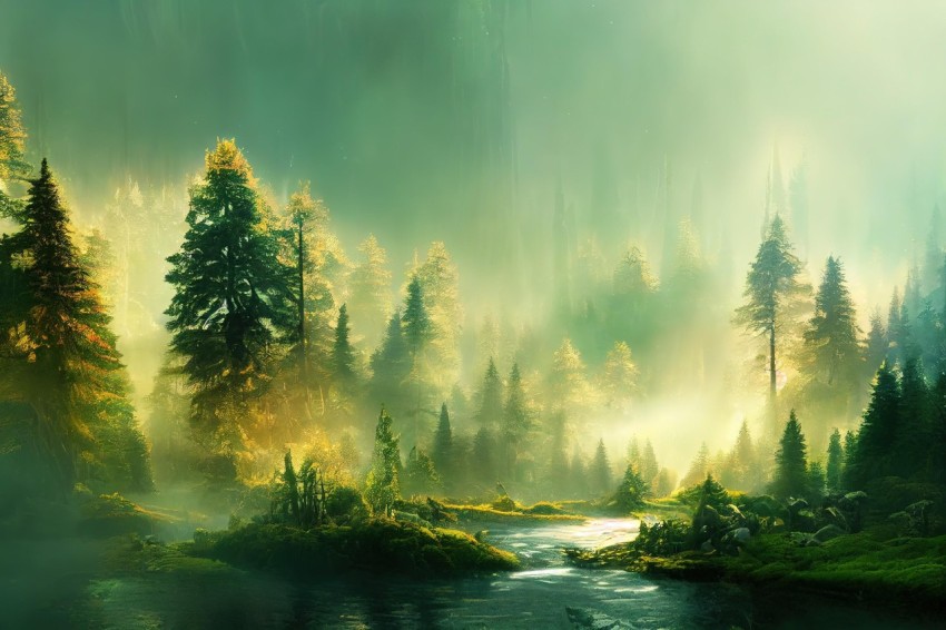 Misty Forest River Painting - Serene Landscape Art