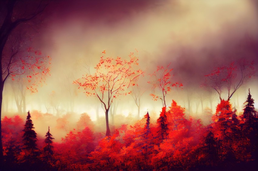Misty Forest in Red: Digital Painting Landscape in UHD
