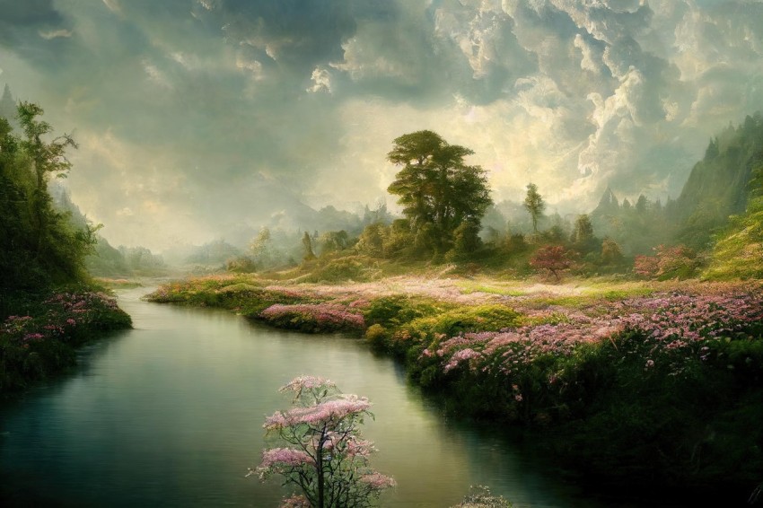 Ethereal Landscape with Flowers - Romantic Pastoral Charm
